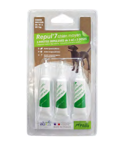 Pipettes Répulsives Antiparasitaire Chien Moyen 15 à 30kg 3pcs 3ml